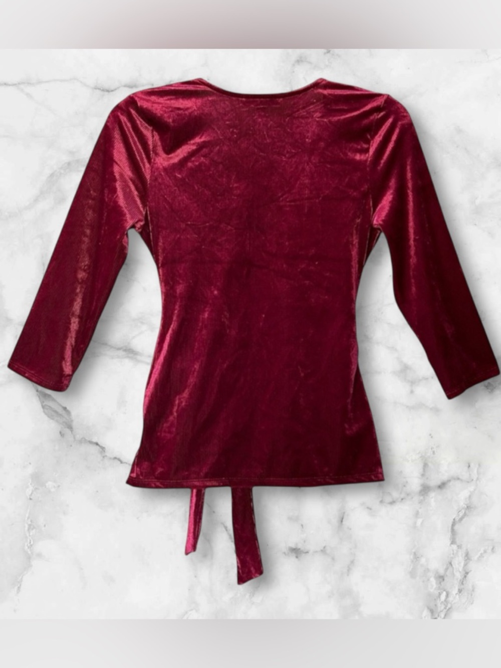 NWT Express Tie Front Velour Wrap Top Burgundy V Neck Size S - Picture 3 of 10